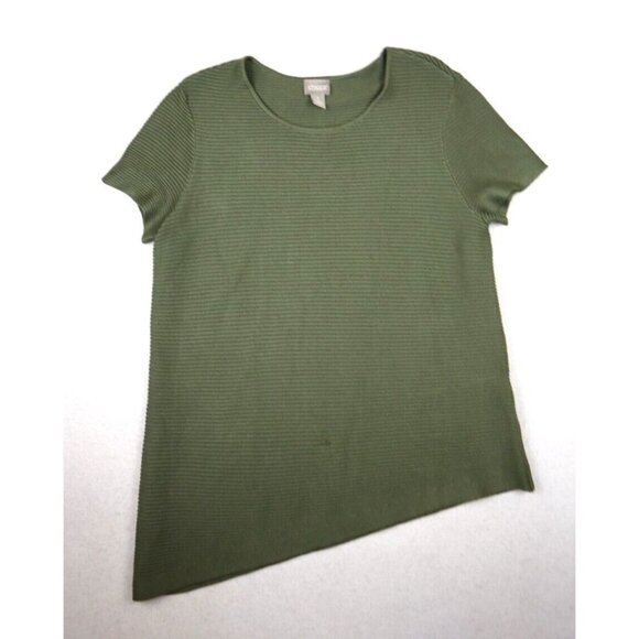 CHICO'S WOMEN'S GREEN RIBBED SHORT SLEEVE ASYMMETRICAL SWEATER - SIZE 1 - Picture 1 of 7